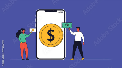 Digital payment and finance concept showing two people exchanging money using a large mobile phone with a gold dollar coin.