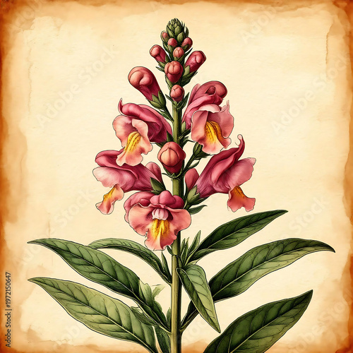 Vintage Antirrhinum Snapdragon flower spike botanical watercolor illustration on parchment