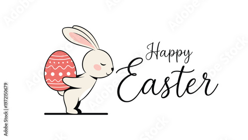 Cute little bunny rabbit walking and carrying a large red decorated Easter egg on its back on a white background.