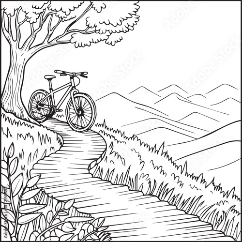 Mountain landscape outdoor scenery coloring page for kids, black line art vector illustration for activity book design