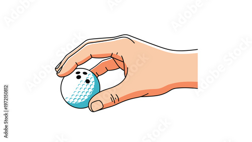 Close up of a human hand holding a white golf ball with blue accents against a plain white background for sports concept.