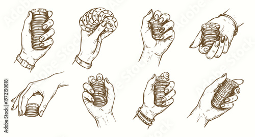 Vintage Hand Drawn Illustration Set of Hands Holding Casino Poker Chips
