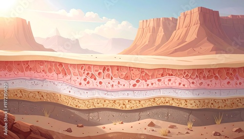 Colorful geologic layers shown in arid desert landscape under bright sunny skies, with high plateau formations in background