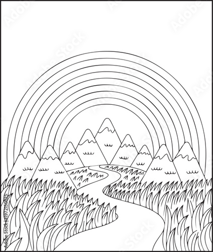 Mountain landscape outdoor scenery coloring page for kids, black line art vector illustration for activity book design