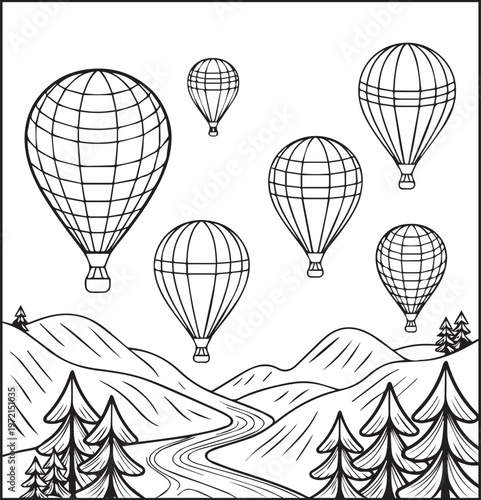 Mountain landscape outdoor scenery coloring page for kids, black line art vector illustration for activity book design