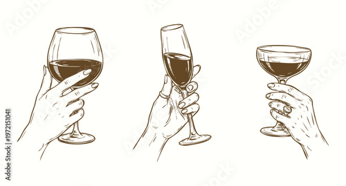 Vintage Hand Drawn Illustration Set of Hands Holding Wine and Champagne Glasses