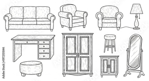Sketch of Various Furniture Pieces for Interior Design.