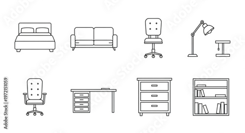 Furniture Line Art Collection - Bed, Sofa, Chairs, Desk, and Storage.