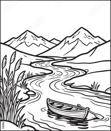 Mountain landscape outdoor scenery coloring page for kids, black line art vector illustration for activity book design