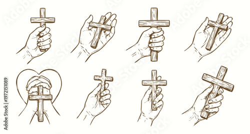 Vintage Hand Drawn Illustration Set of Hands Holding Wooden Christian Cross