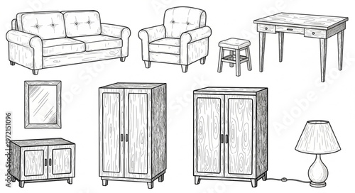 Sketch of Assorted Furniture - Sofa, Armchair, Table, and Cabinets.