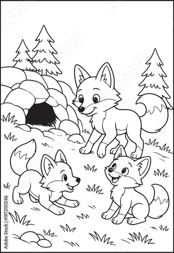 Mountain landscape outdoor scenery and three fox playing in front of den coloring page for kids, black line art vector illustration for activity book design