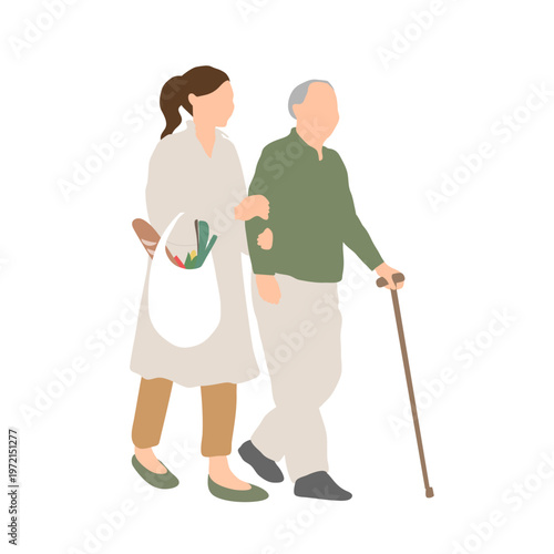 シニア男性の買い物に付き添う女性（買い物支援・外出）