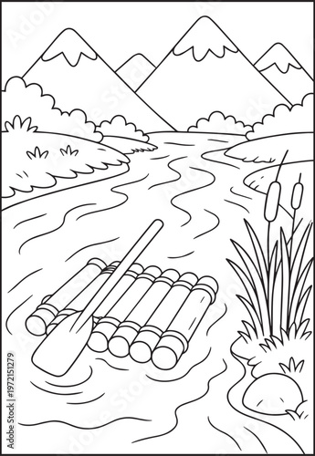 Mountain landscape outdoor scenery coloring page for kids, black line art vector illustration for activity book design