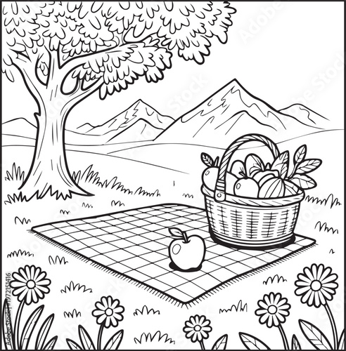 Mountain landscape outdoor scenery coloring page for kids, black line art vector illustration for activity book design