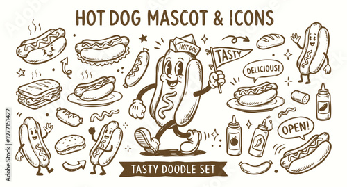 Vintage 1930s Retro Hot Dog Mascot and Fast Food Doodle Set