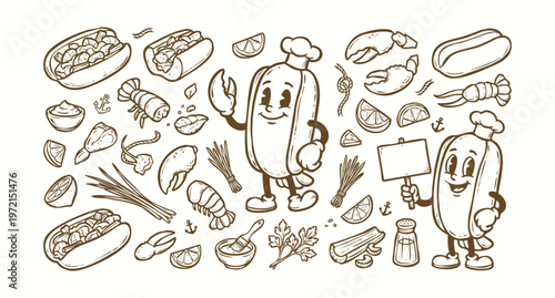 Vintage 1930s Retro Lobster Roll Mascot and Seafood Ingredients Doodle Set