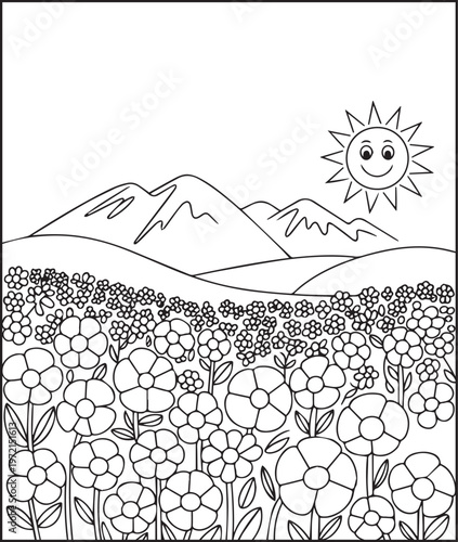 Mountain landscape with flowers outdoor scenery coloring page for kids, black line art vector illustration for activity book design