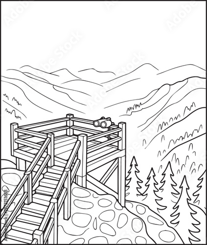 Mountain landscape outdoor scenery coloring page for kids, black line art vector illustration for activity book design