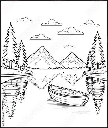 Mountain landscape with beautiful lake outdoor scenery coloring page for kids, black line art vector illustration for activity book design