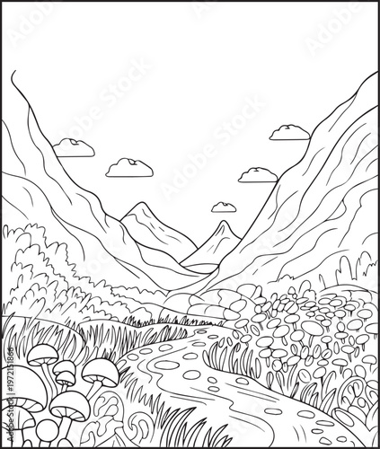 Mountain landscape outdoor scenery coloring page for kids, black line art vector illustration for activity book design