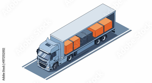 Isometric Semi-Truck with Cargo Boxes for Logistics and Shipping Services - Flat Vector Illustration of Freight Transportation and Delivery Concept
