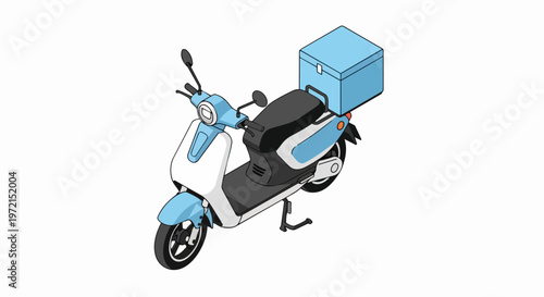 Isometric Blue Delivery Scooter Illustration with Cargo Box for Fast Food and Package Shipping Services Isolated on White Background
