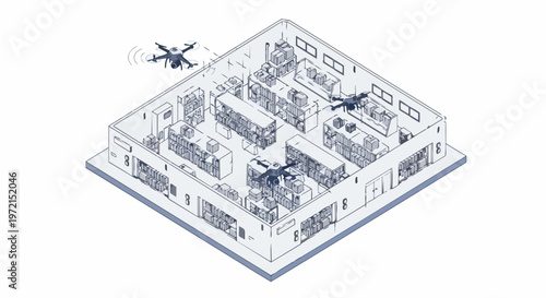 Autonomous Drones in Smart Warehouse for Automated Inventory Management, Isometric Line Art Illustration of Logistics and Supply Chain Technology