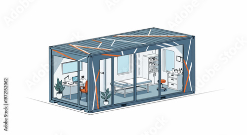 Modern Mobile Medical Clinic and Health Station Built in a Shipping Container, Professional Healthcare Facility with Examination Bed and Office Setup