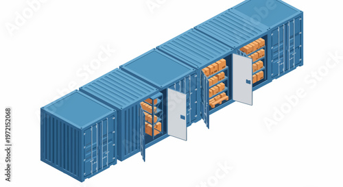Isometric Blue Shipping Containers with Storage Boxes Inside for Logistics and Warehouse Inventory Management