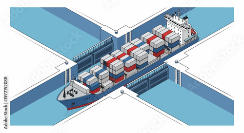 Isometric Illustration of a Cargo Ship Navigating a Canal Lock System, Representing Global Trade and Maritime Logistics