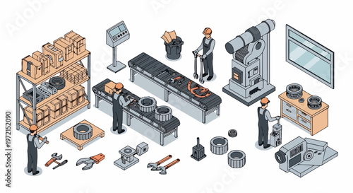 Isometric Industrial Factory Assembly Line with Workers, Conveyor Belts, Heavy Machinery, and Warehouse Storage for Manufacturing and Automotive Production