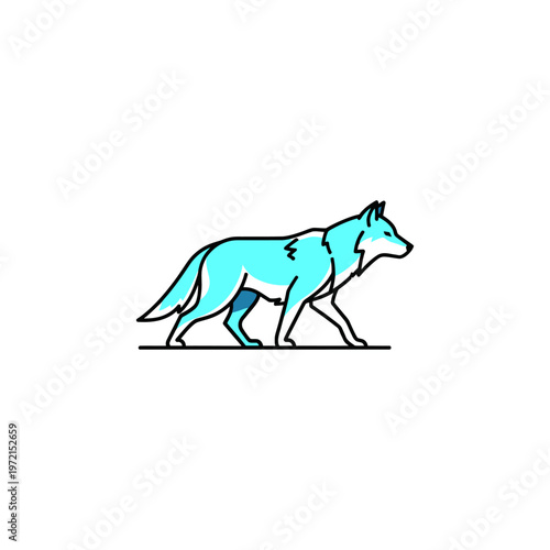 Stylized blue wolf illustration walking. Modern minimalist line art graphic of a predatory wild animal vector.