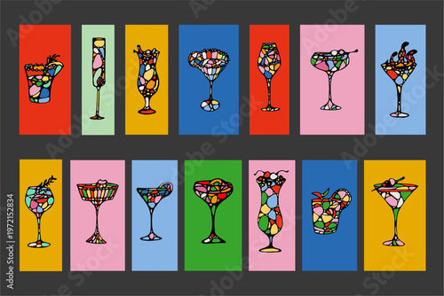 Colorful mosaic drink silhouettes post stamps in doodle sketch charcoal style. Night club party elements for postcard prints. Abstract beverage vector illustrations for sticker set.