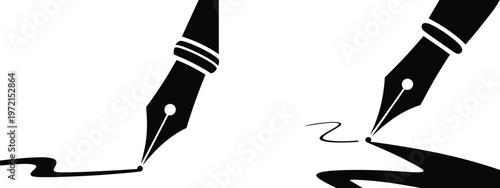 Fountain pen nib silhouette illustration, writing drawing tool vector artwork, black white graphic design, elegant ink line art symbol