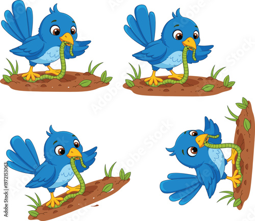 Cute blue bird catching green worm cartoon illustration set showing hungry bird feeding behavior in nature isolated on light background