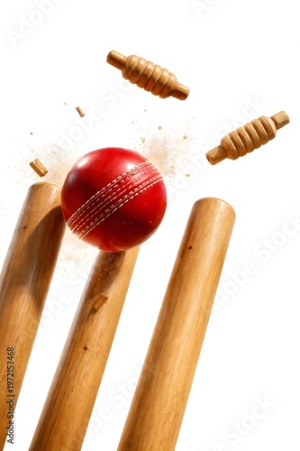 Cricket ball hitting stumps with flying bails, high-speed impact isolated on white background