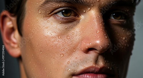 Close up of a young mans face covered in water droplets against a grey backdrop