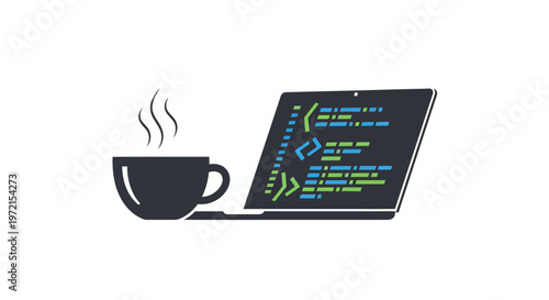 Laptop computer with coffee cup coding software development