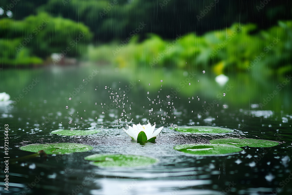 Fototapeta premium White water lily blooming in a pond with water splashes during a refreshing summer rain.