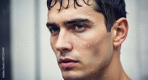Close up portrait of a man with water droplets on skin and hair