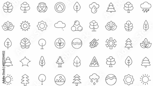 Diverse collection of eco friendly nature icons including trees leaves sun clouds raindrops and mountains rendered in a clean minimalist white line art style on a transparent