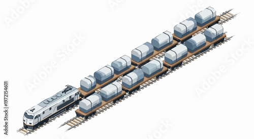 Isometric Freight Train and Tanker Wagons on Rails, Industrial Transport and Global Logistics Vector Illustration