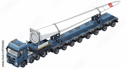 Blue MAN Truck Transporting Massive Wind Turbine Blade on Multi-Axle Heavy Haulage Trailer - Isometric Illustration of Renewable Energy Logistics and Oversized Cargo