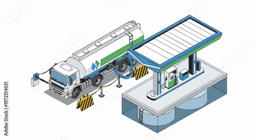 Isometric Fuel Delivery Scene with Tanker Truck and Underground Gas Station Storage Tanks