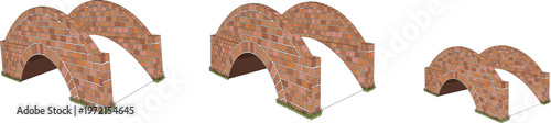 Traditional red brick arch bridge illustration set showing old masonry stone bridges with curved arches representing historic architecture and classic construction design