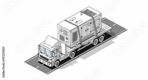 Isometric Line Art Illustration of a Semi-Truck Transporting a Large Industrial Generator on a Flatbed Trailer for Logistics and Energy Infrastructure Concepts
