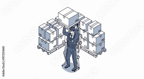 Isometric Illustration of a Warehouse Worker Using an Exoskeleton Suit to Lift Heavy Boxes