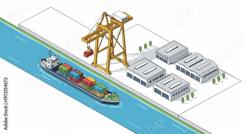 Modern Isometric Logistics Terminal with Cargo Ship, Gantry Crane, and Warehouse Infrastructure