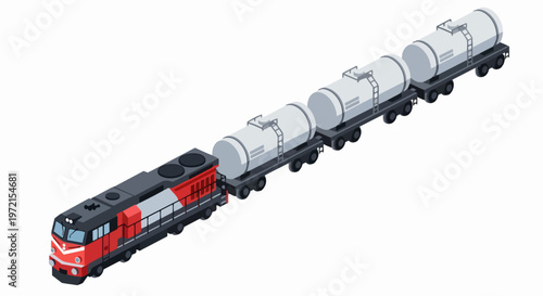 Isometric Freight Train with Locomotive and Tanker Cars for Fuel and Liquid Transportation. Industrial Logistics and Supply Chain Concept Vector Illustration on White.